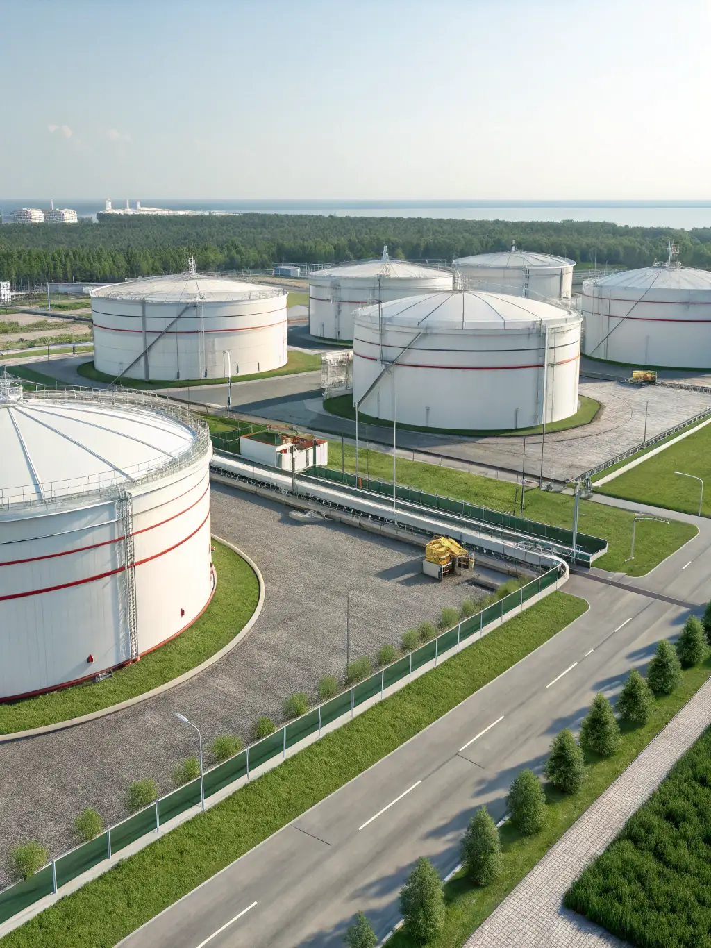 A high angle photograph of a fuel storage tank farm, showcasing the scale and infrastructure of Dagevos PRESTO's storage capabilities.